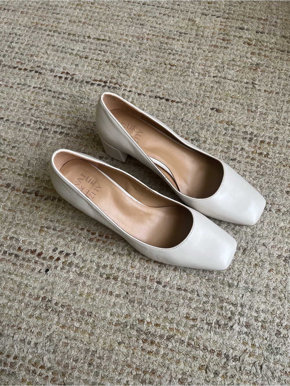 Nature Breeze Cream Square-Toe Low Block Heel Pumps